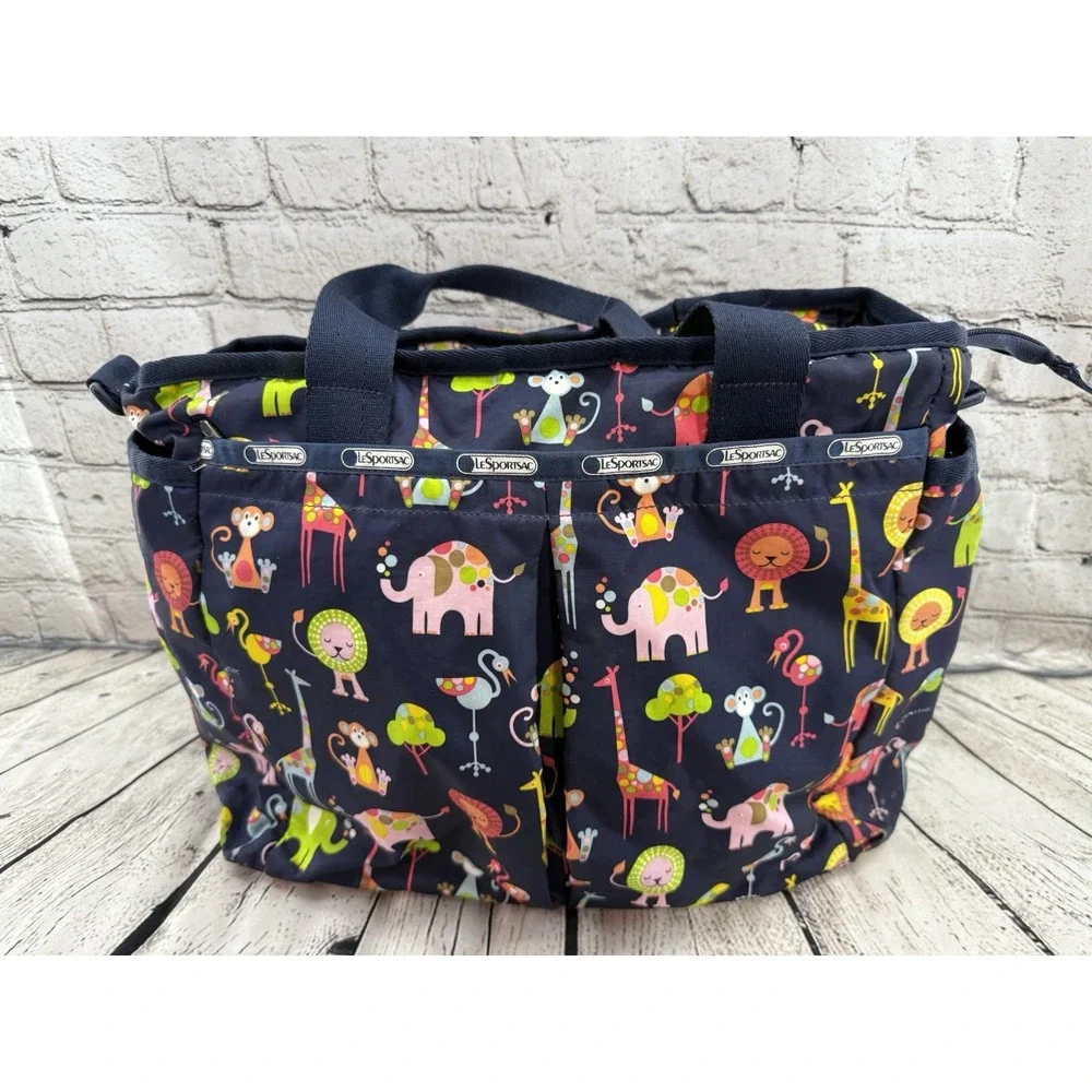 Le Sportsac‎ Ryan Baby Bag Navy Zoo Animals Large *MISSING SHOULDER STRAP*